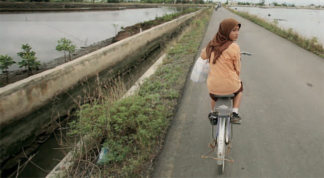 Uma criança que perdeu os seus pais no tsunami do Oceano Índico, em 2004, vai para casa de bicicleta após as aulas numa escola construída com a ajuda da UNICEF, na província de Aceh, Indonesia. © UNICEF/UNI6311/ESTEY
